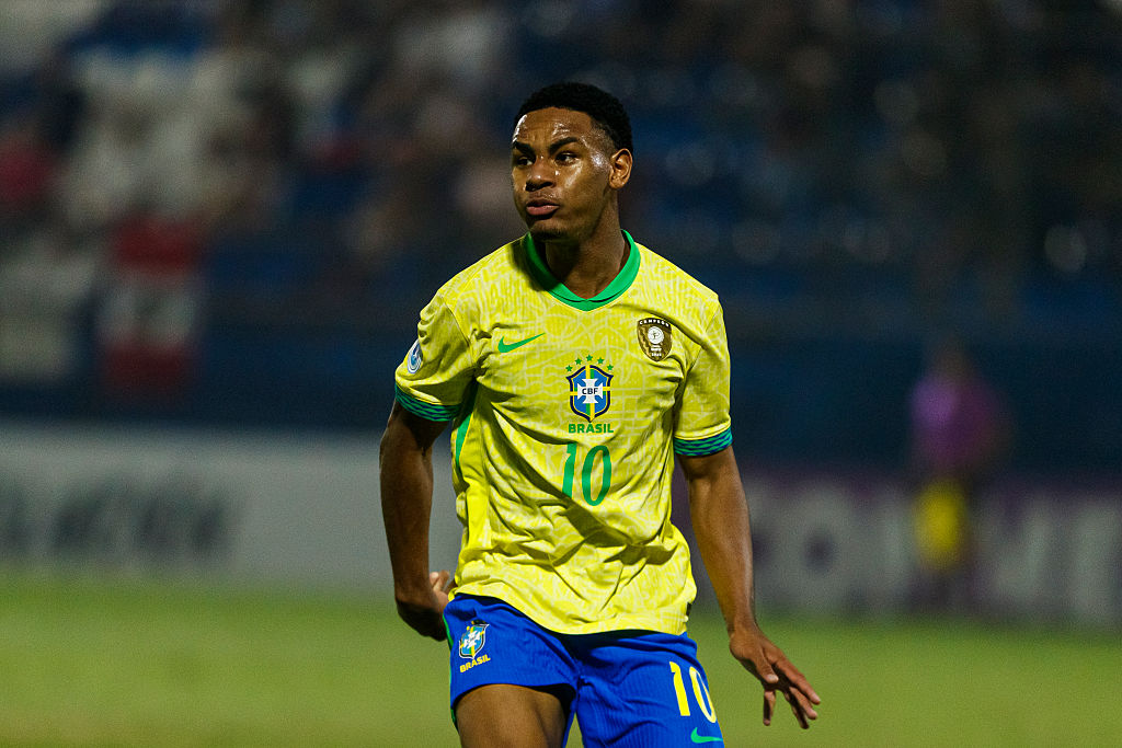 Eduardo Conceicao of Brazil looks on during a FIFA U17 World Cup 2026 Qualifier match between Peru and Brazil at Estadio Ameliano Villeta on April 6, 2026 in Villeta, Paraguay.
