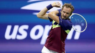 Daniil Medvedev hits a backhand return ahead of the Medvedev vs Djokovic live stream at the US Open final 2023