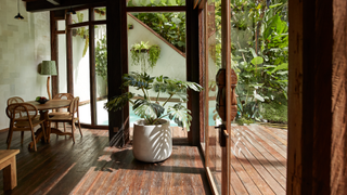 Dining area with mahogany wooden floor