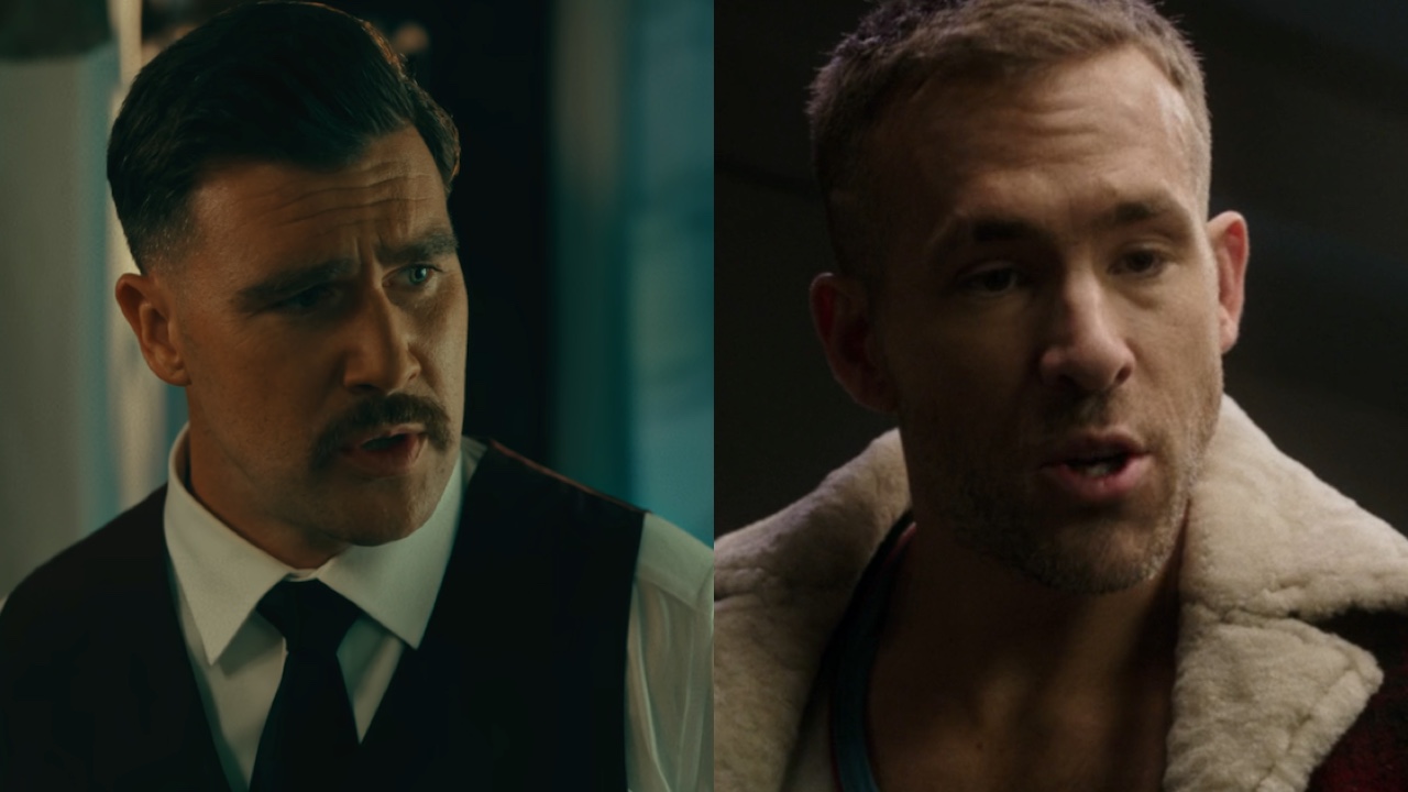 Travis Kelce in Happy Gilmore 2 and Ryan Reynolds in Deadpool side by side