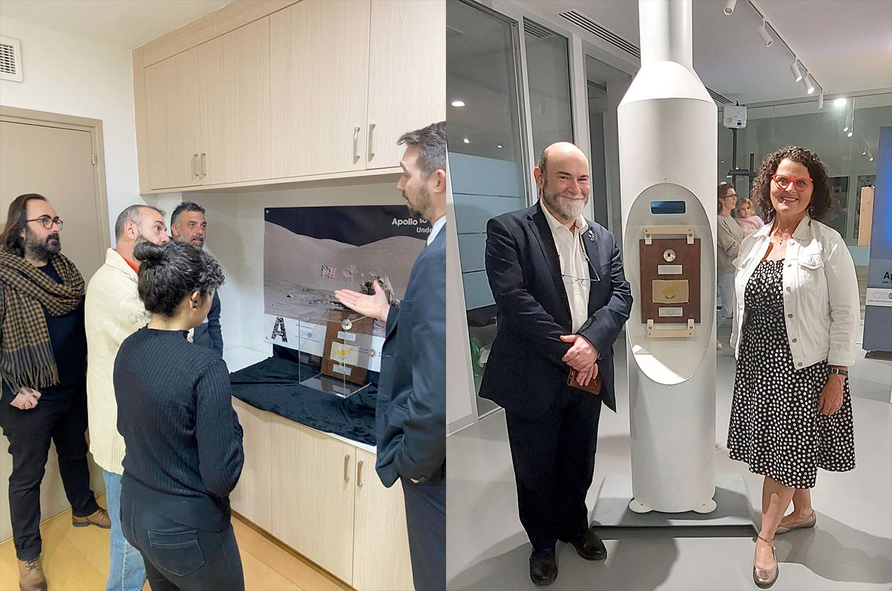 Visitors viewing the Apollo 17 goodwill moon rock display at the U.S. Embassy (at left) and Cyprus Space Exploration Organization Discovery Alpha in Nicosia, Cyprus ahead of the ceremony at the presidential palace on Friday, Dec. 16, 2022.