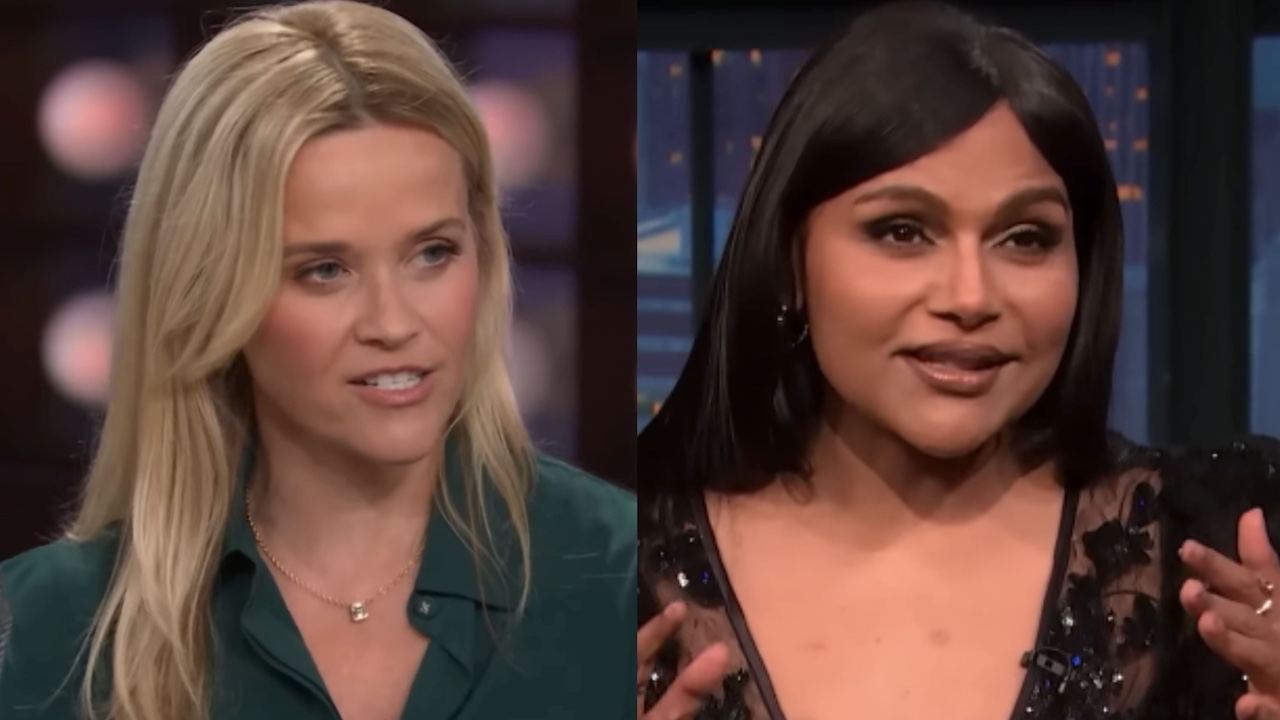 Reese Witherspoon on The Kelly Clarkson Show and Mindy Kaling on Late Night With Seth Meyers side by side