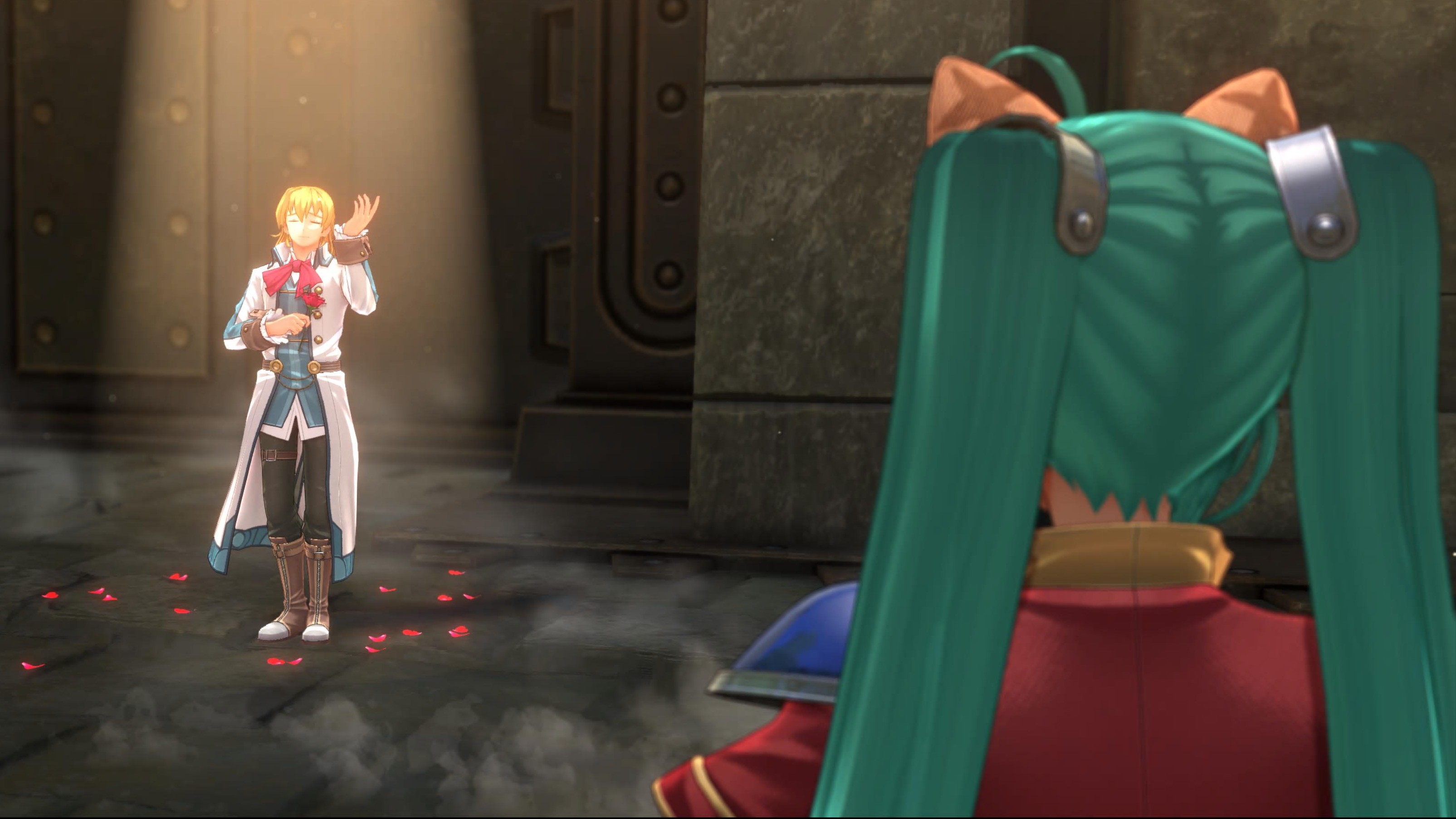 Man with flowers singing with Estelle watching on in Trails in the Sky 1st Chapter