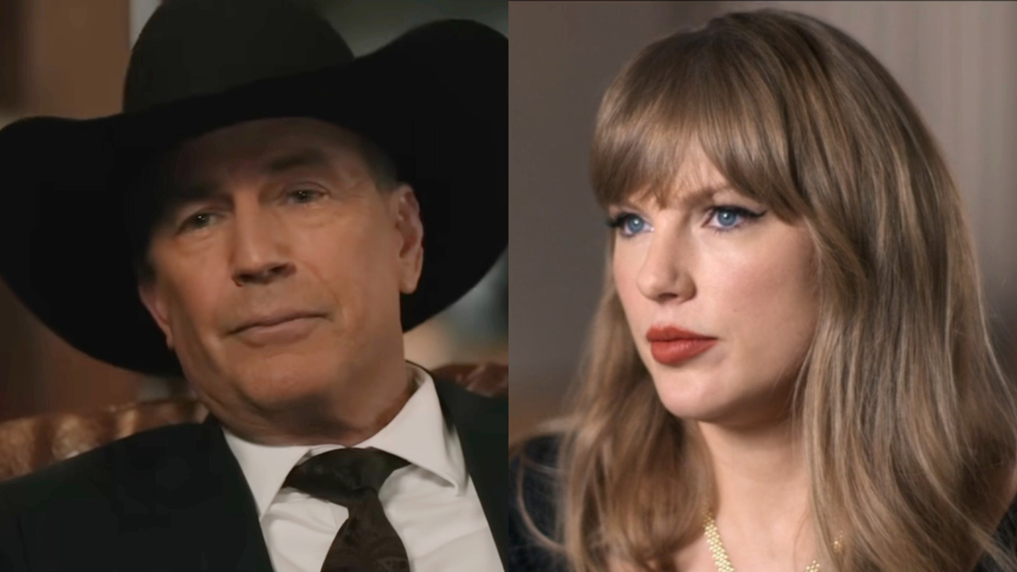 From left to right: Kevin Costner as John Dutton on Yellowstone and Taylor Swift in her Disney+ docuseries. 