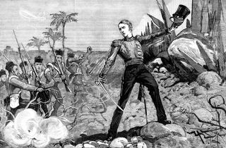 Sir Garnet Wolseley (1833-1913) depicted as a young officer in the British army, storming Myat-Toon's stronghold, Burma, February 1853. 'Impetuously eager to distinguish himself in this, his first serious fight, the young officer was rushing forward, well ahead of his men'.