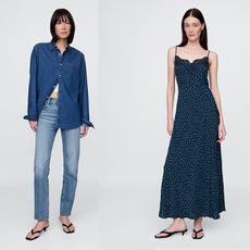 gap models wear gap jeans, jackets, and dresses