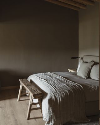 A light brown bed set