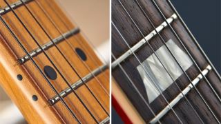 A maple and rosewood fretboard side by side