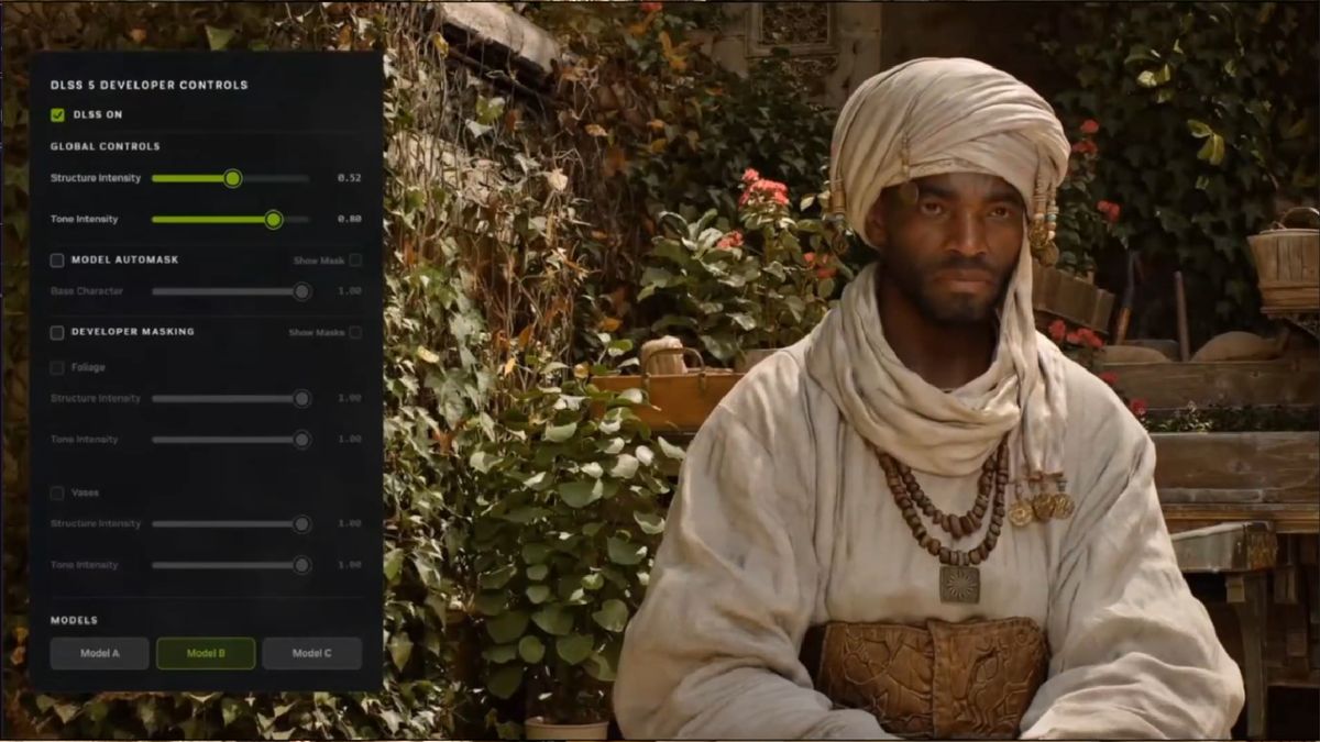A character in Nvidia's Zorah demo being image-adjusted by DLSS 5 to varying degrees