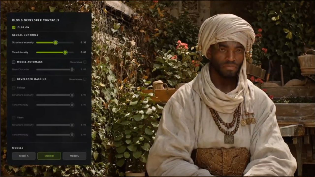 A character in Nvidia's Zorah demo being image-adjusted by DLSS 5 to varying degrees