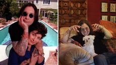 a split screen with ozzy osbourne and sharon on the left and ozzy on the right in his 2000s home