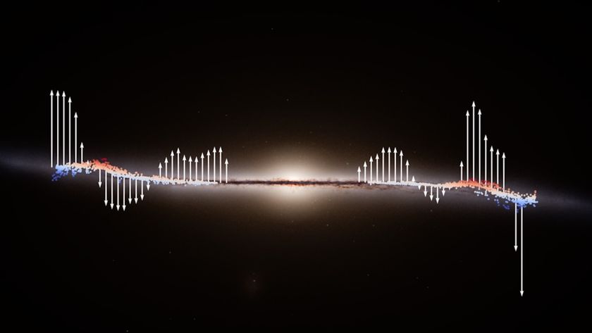 An image of a subtle wave pattern in blue and red colors with a glowing light behind it and arrows pointing upwards and downwards