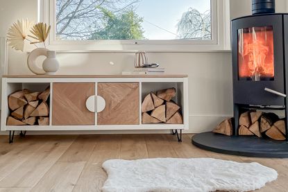 Ikea Kallax hack sideboard with logs and wood burning fire