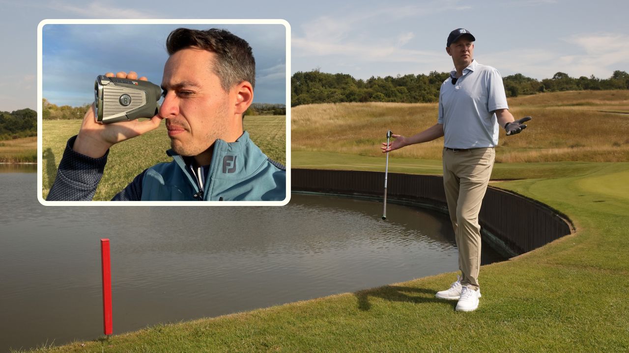 Neil Tappin looking unsure about one of the rules of golf, with an inset image of Joel Tadman using a rangefinder on the golf course