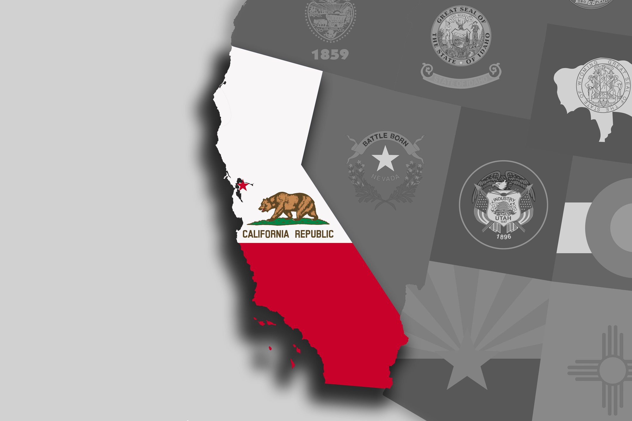 Illustration of the State of California silhouette map and flag.