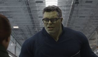 Avengers: Endgame Professor Hulk explaining something to Natasha in the hanger of the Avengers compo