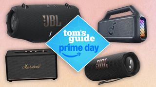 a peach image background with a jbl xtreme 4, jbl flip 6, marshall stanmore III, soundcore boom 2 and a tom's guide deals badge
