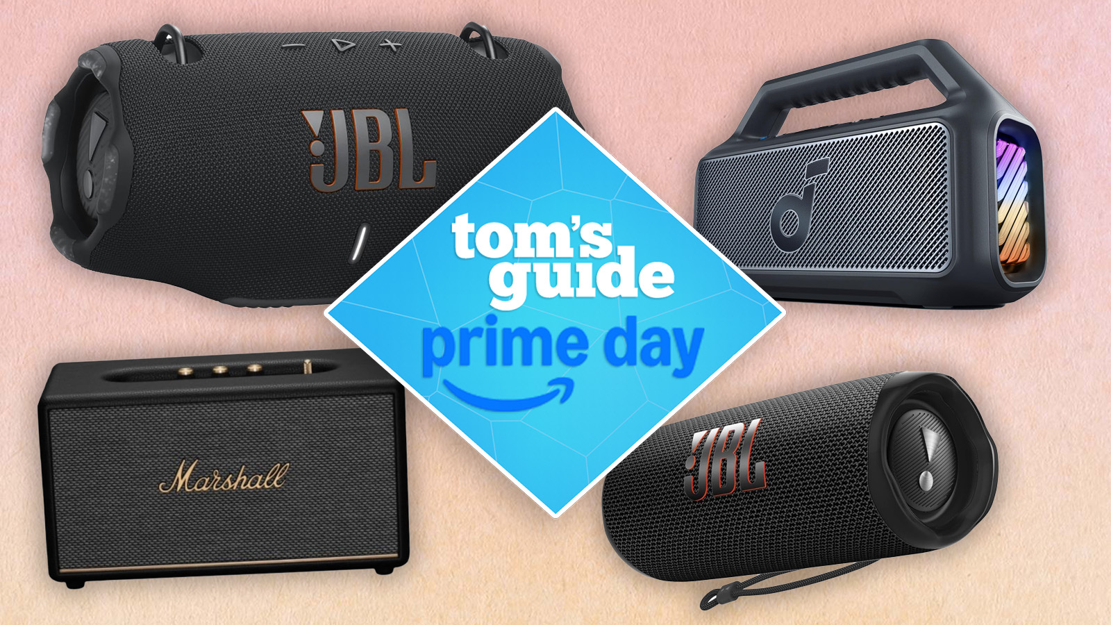 a peach image background with a jbl xtreme 4, jbl flip 6, marshall stanmore III, soundcore boom 2 and a tom&#039;s guide deals badge