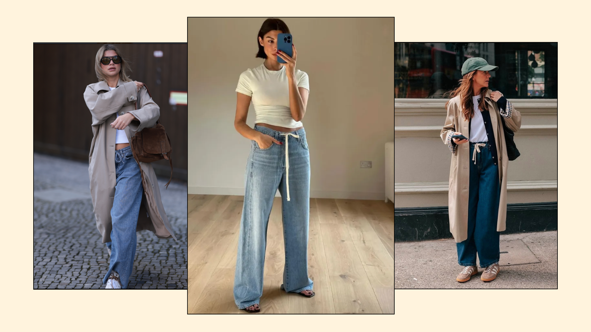 Three fashion people wearing the drawstring jean trend.