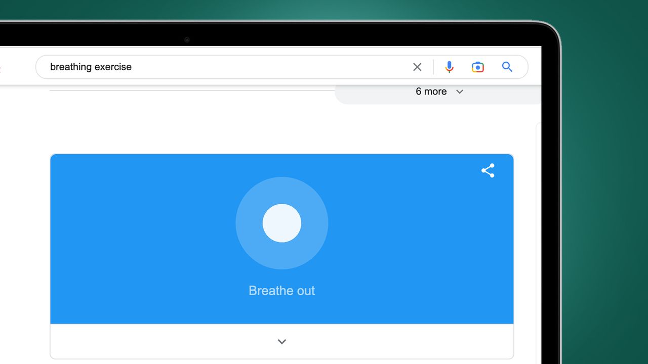 A laptop screen on a green backgrounding showing a breathing exercise in Google