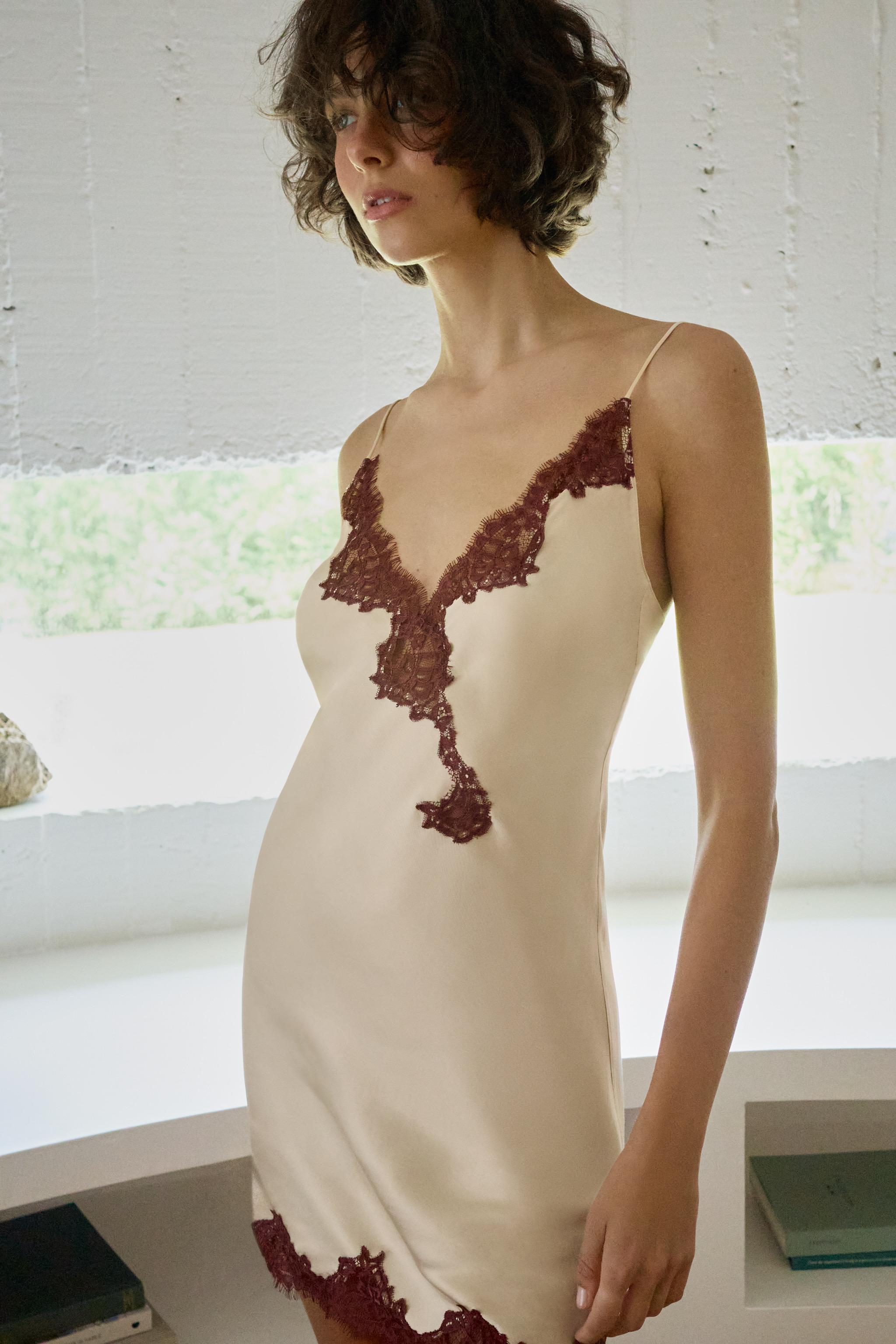 Satin Lace Slip Dress - White - Xs