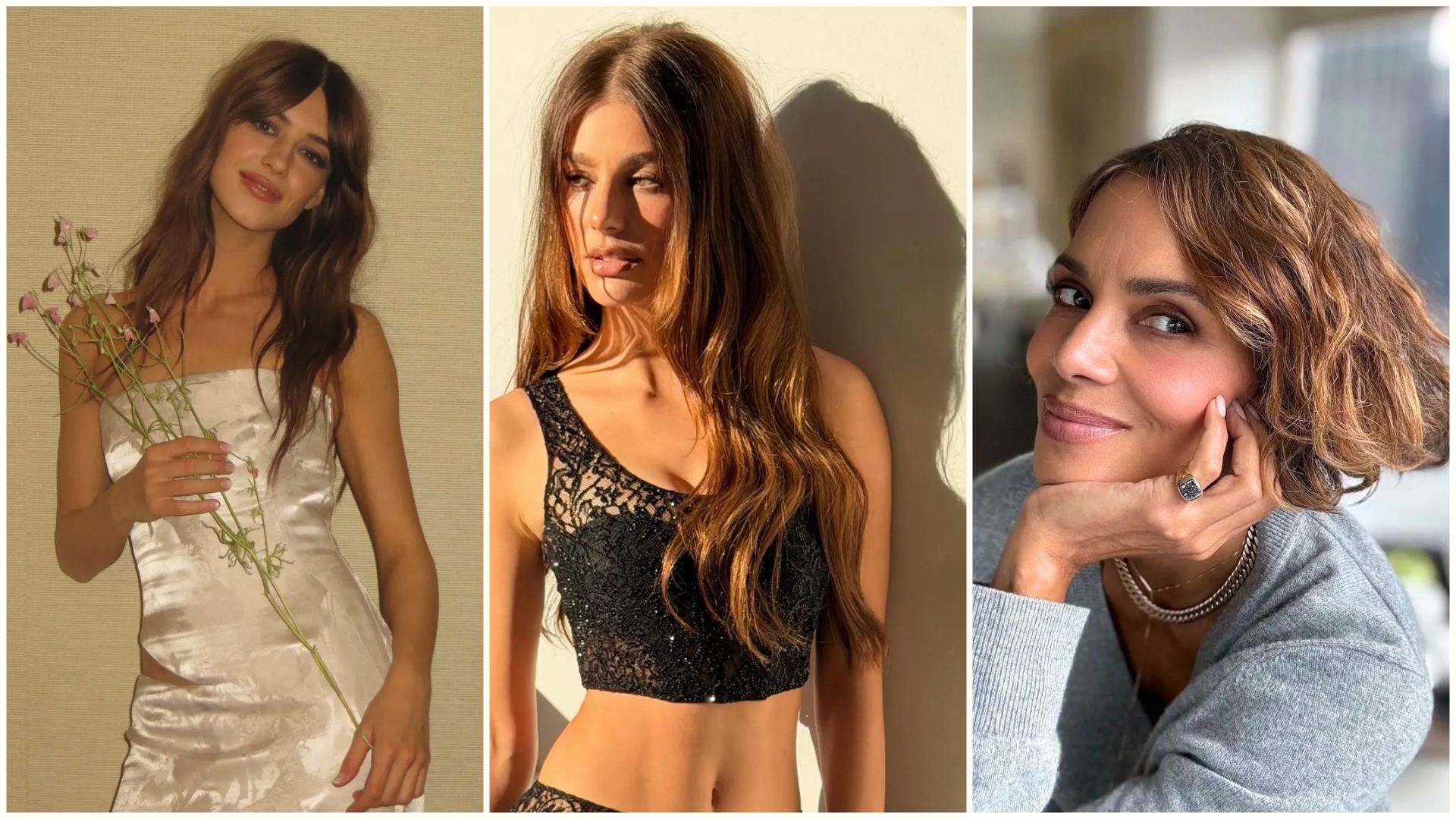 A collage of Daisy Edgar-Jones, Camila Morrone and Halle Berry with toasted brunette hair