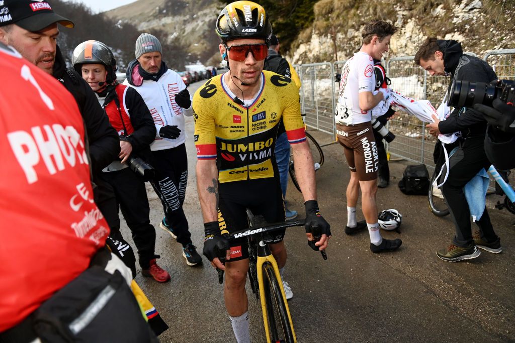 Primoz Roglic heads to bundle up after winning stage 5 of Tirreno-Adriatico