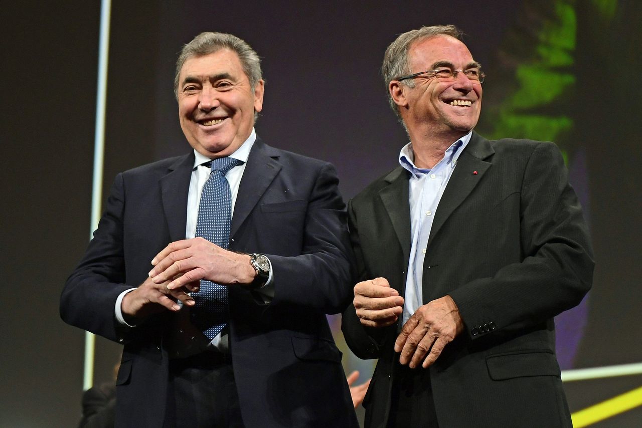 Eddy Merckx and fellow five-time champion Bernard Hinault on stage