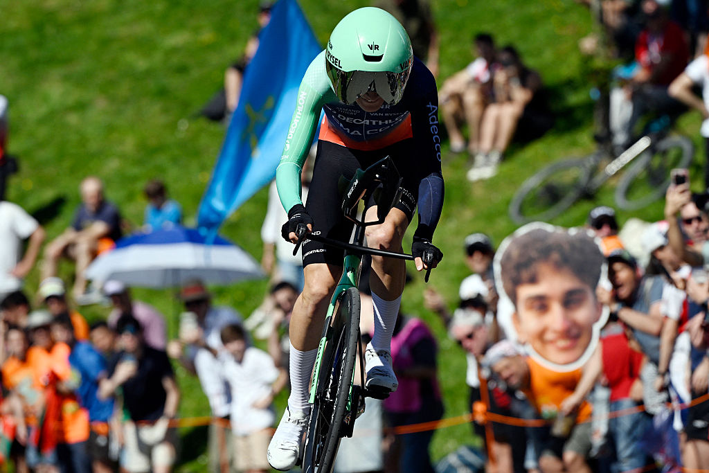 Team Decathlon CMA CGM's French rider Paul Seixas competes in the first stage of the Basque Country's Itzulia cycling tour, a 13.8 km time trial in Bilbao on April 6, 2026. (Photo by ANDER GILLENEA / AFP)