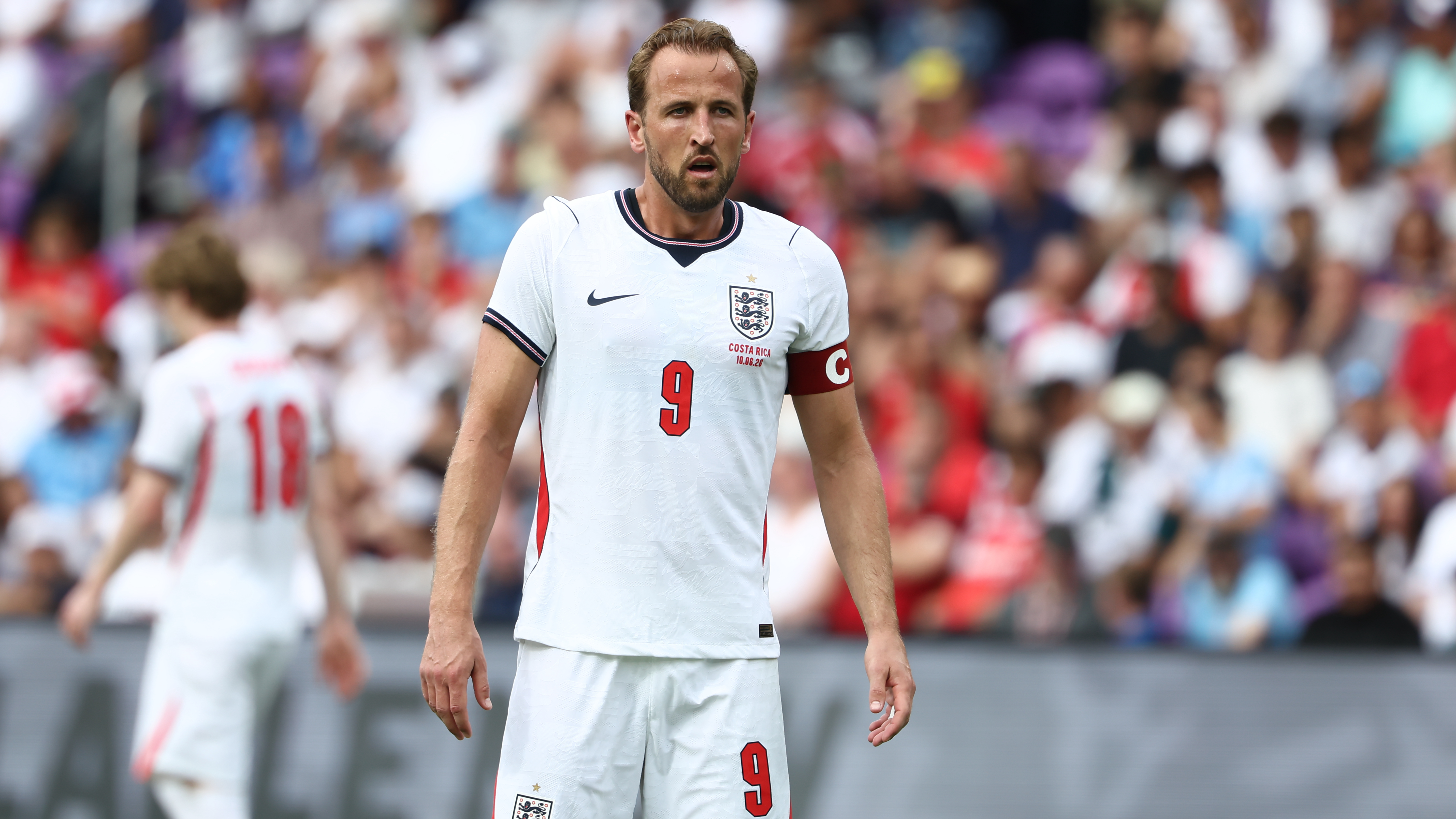 England forward Harry Kane in white England football kit ahead of England vs Croatia in the 2026 FIFA World Cup