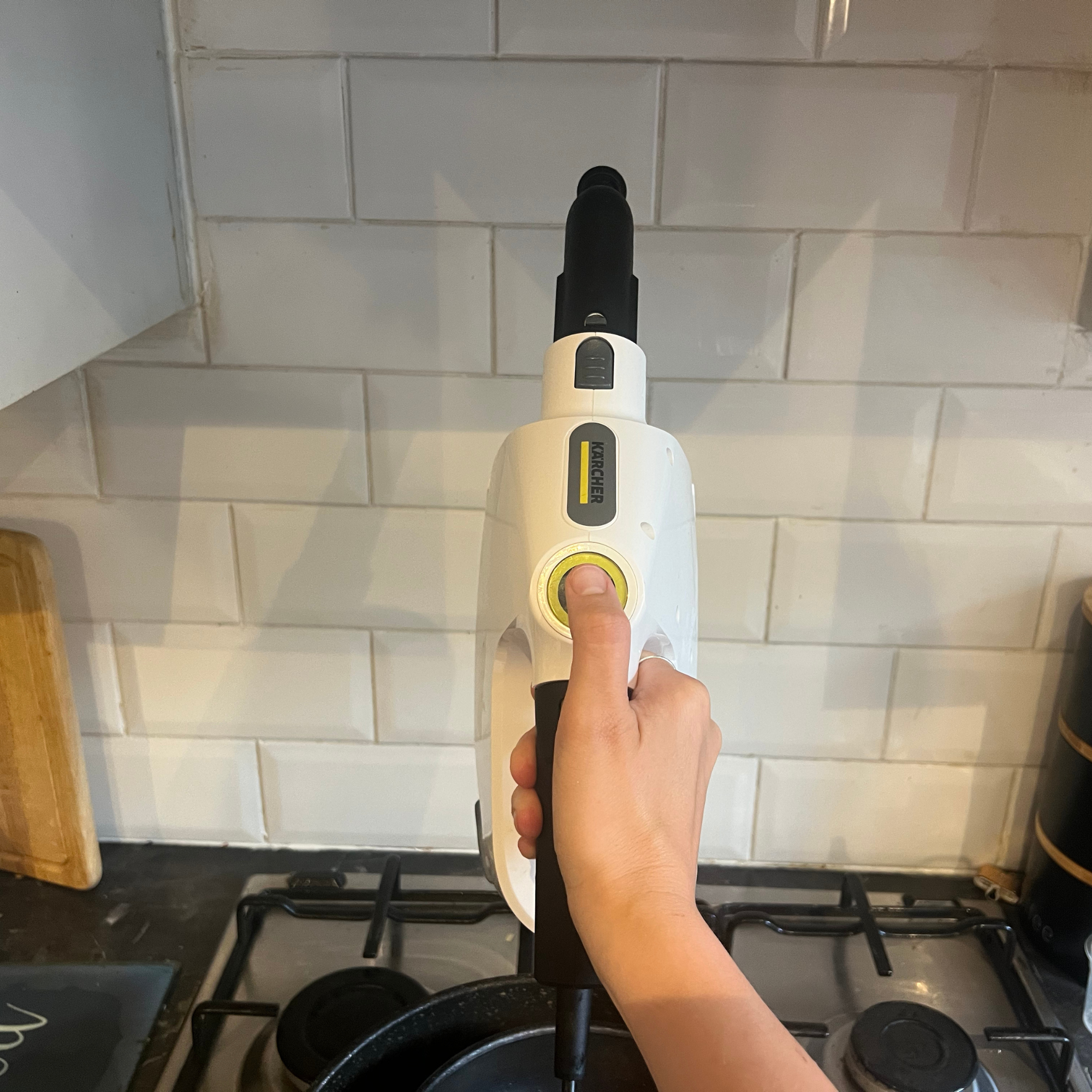 Karcher hand held steam cleaner ready to get to work on kitchen tiles