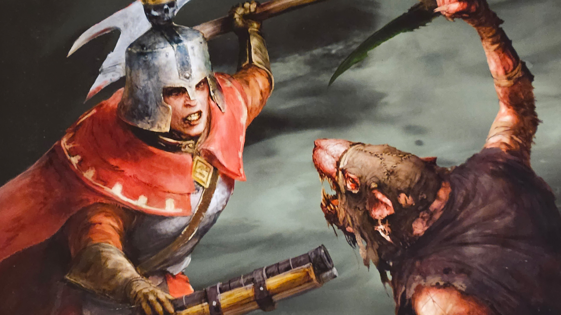Painted cover art for the Spearhead - City of Ash Handbook showing a Cities of Sigmar warrior fighting a Skaven.
