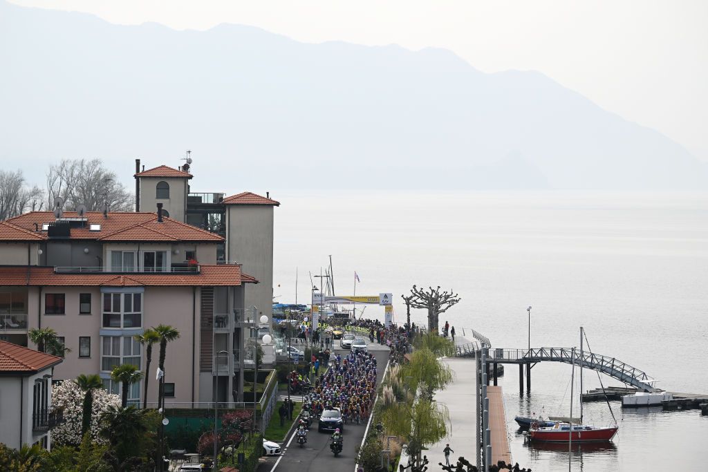 MACCAGNO CON PINO E VEDDASCA ITALY MARCH 19 A general view of the peloton prior to the 24th Trofeo Alfredo BindaComune di Cittiglio 2023 Womens Elite a 139km one day race from Maccagno con Pino e Veddasca to Cittiglio UCIWWT on March 19 2023 in Maccagno con Pino e Veddasca Italy Photo by Dario BelingheriGetty Images