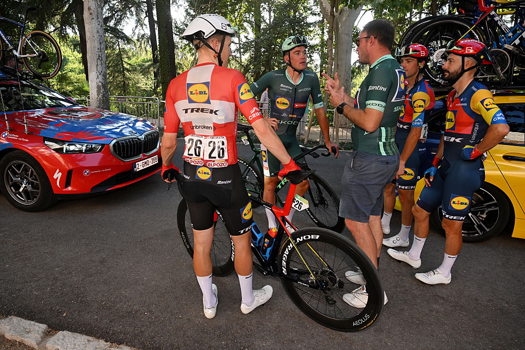 MADRID, SPAIN - SEPTEMBER 14: (L-R) Soren Kragh Andersen of Denmark, Mads Pedersen of Denmark - Green Points Jersey, Giulio Ciccone of Italy, Julien Bernard of France and Team Lidl - Trek and the peloton is at a standstill due to the pro-Palestinian protests in the city of Madrid during the La Vuelta - 80th Tour of Spain 2025, Stage 21 a 108km stage from Alalpardo to Madrid / The race is neutralised due to disturbances in central Madrid caused by pro-Palestinian protests / #UCIWT / on September 14, 2025 in Madrid, Spain. (Photo by Dario Belingheri/Getty Images)