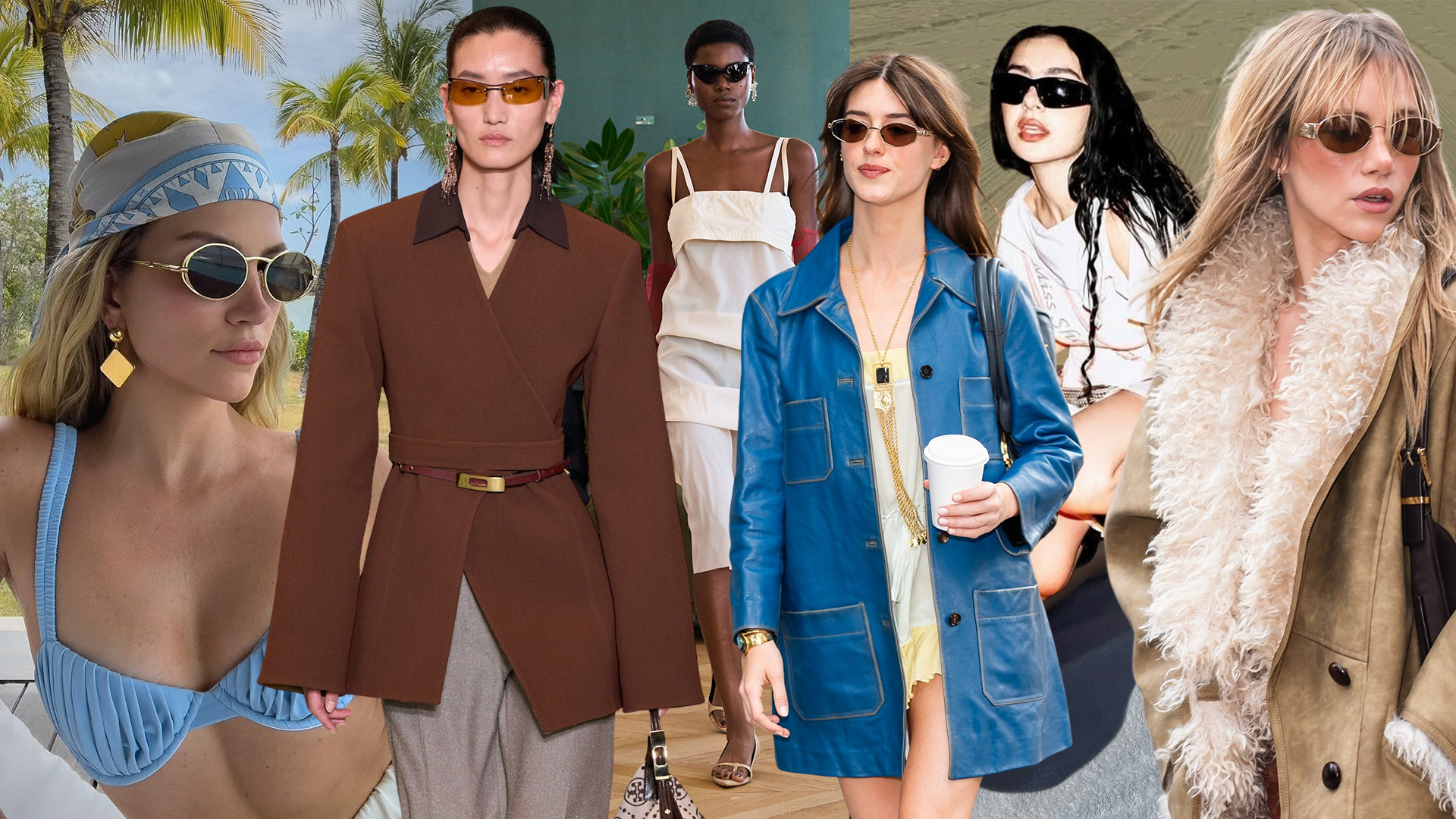 a collage of influencer, celebrity, and runway images featuring the biggest sunglasses trends of 2025