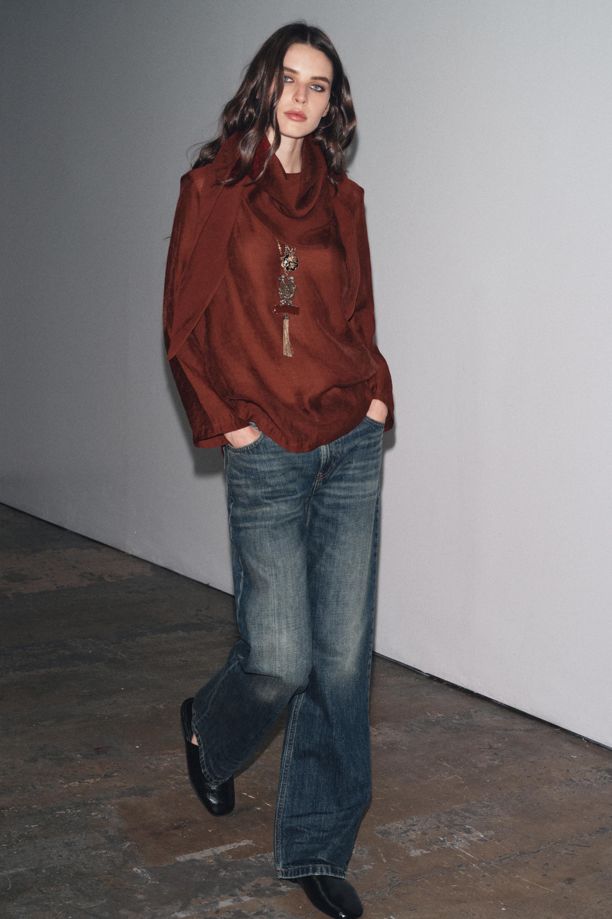 Flowy Blouse With Multi-Position Scarf Zw Collection