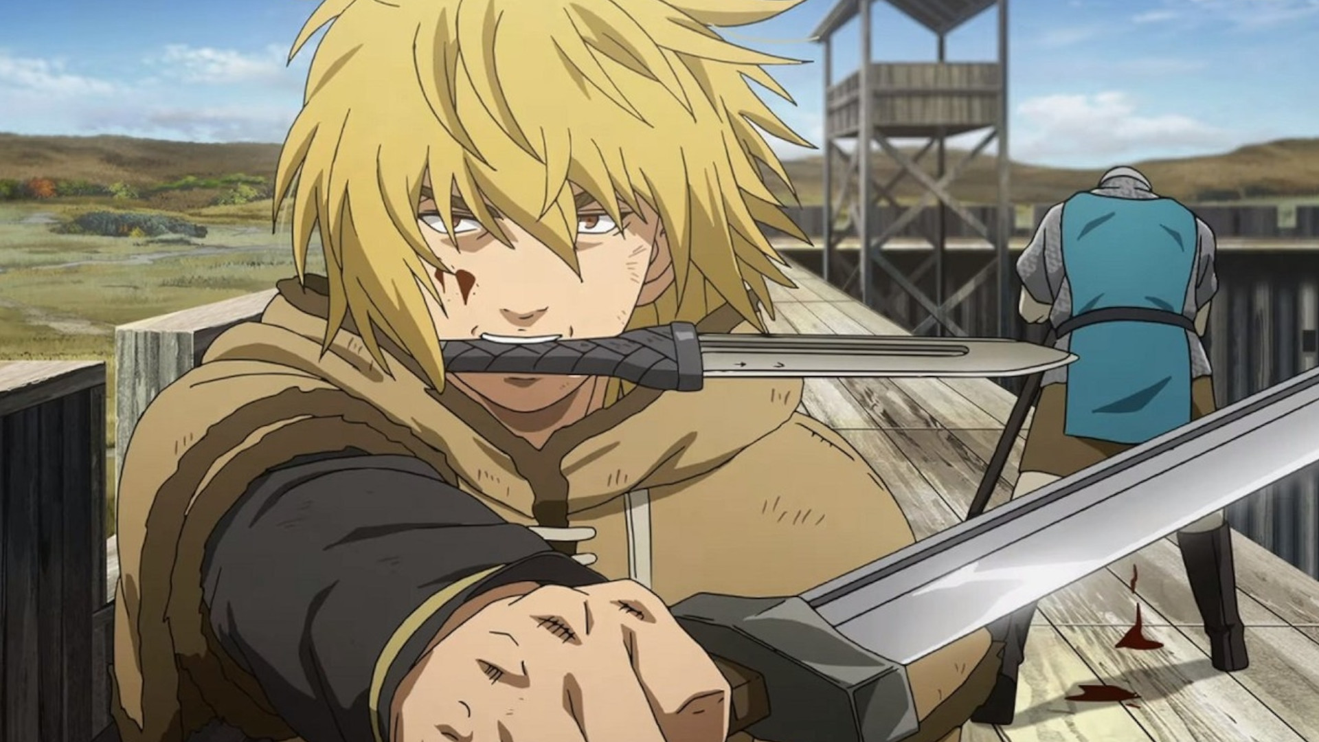 Thorfinn holding a sword in his hand and a dagger in his mouth during the anime Vinland Saga
