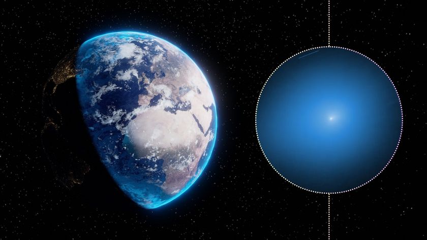 Interstellat comet 3I/ATLAS on the right glows white and surrounded by a blue haze. on the left is an image of Earth from space. 