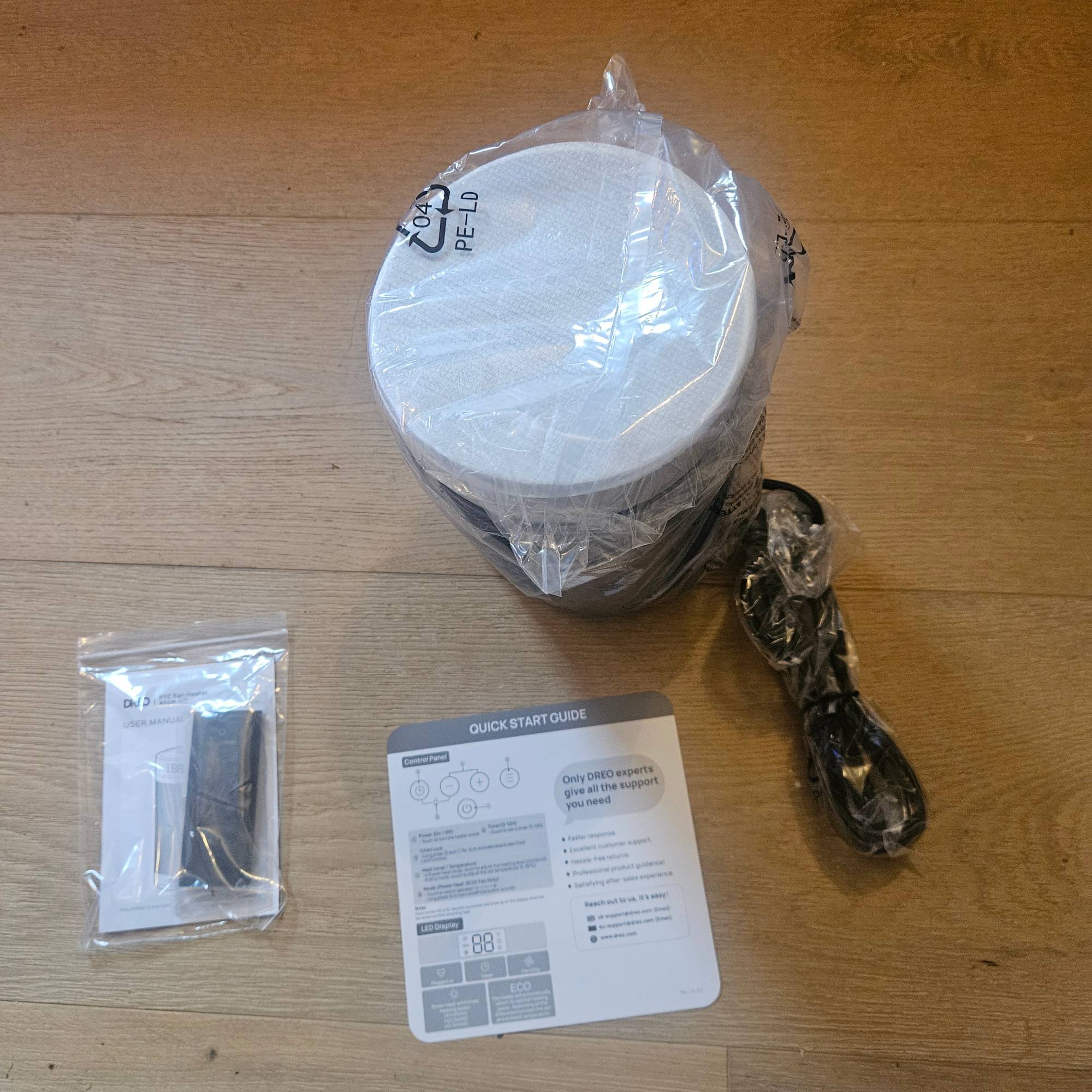 dreo fan heater in plastic packaging