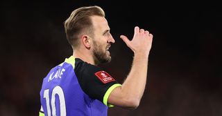 Tottenham Hotspur striker Harry Kane reacts during the Emirates FA Cup Fifth Round match between Sheffield United and Tottenham Hotspur at Bramall Lane on March 01, 2023 in Sheffield, England.