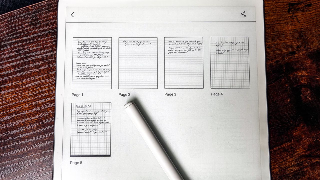 Five pages of a notebook displayed on the ViWoods AiPaper