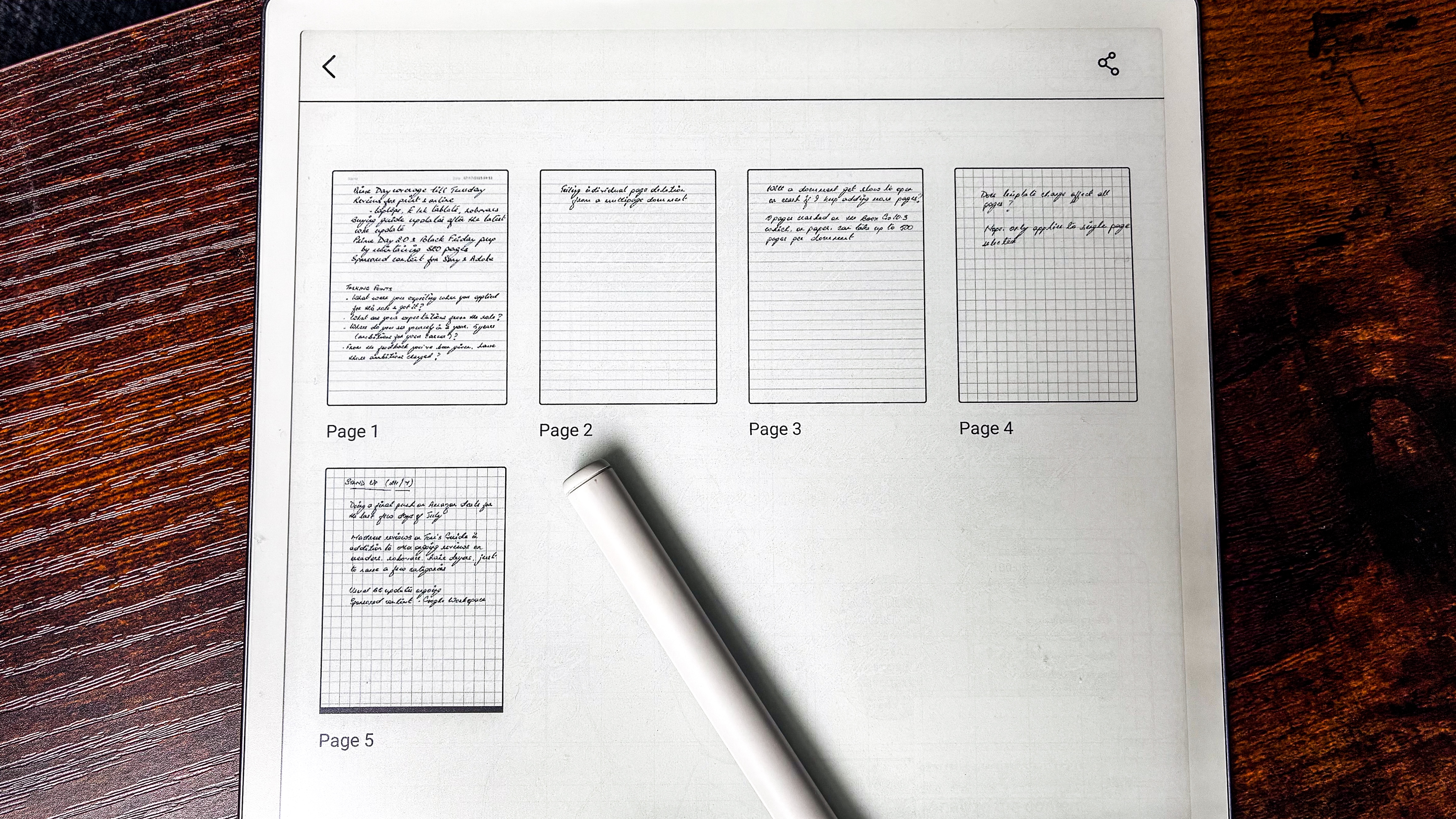 Five pages of a notebook displayed on the ViWoods AiPaper