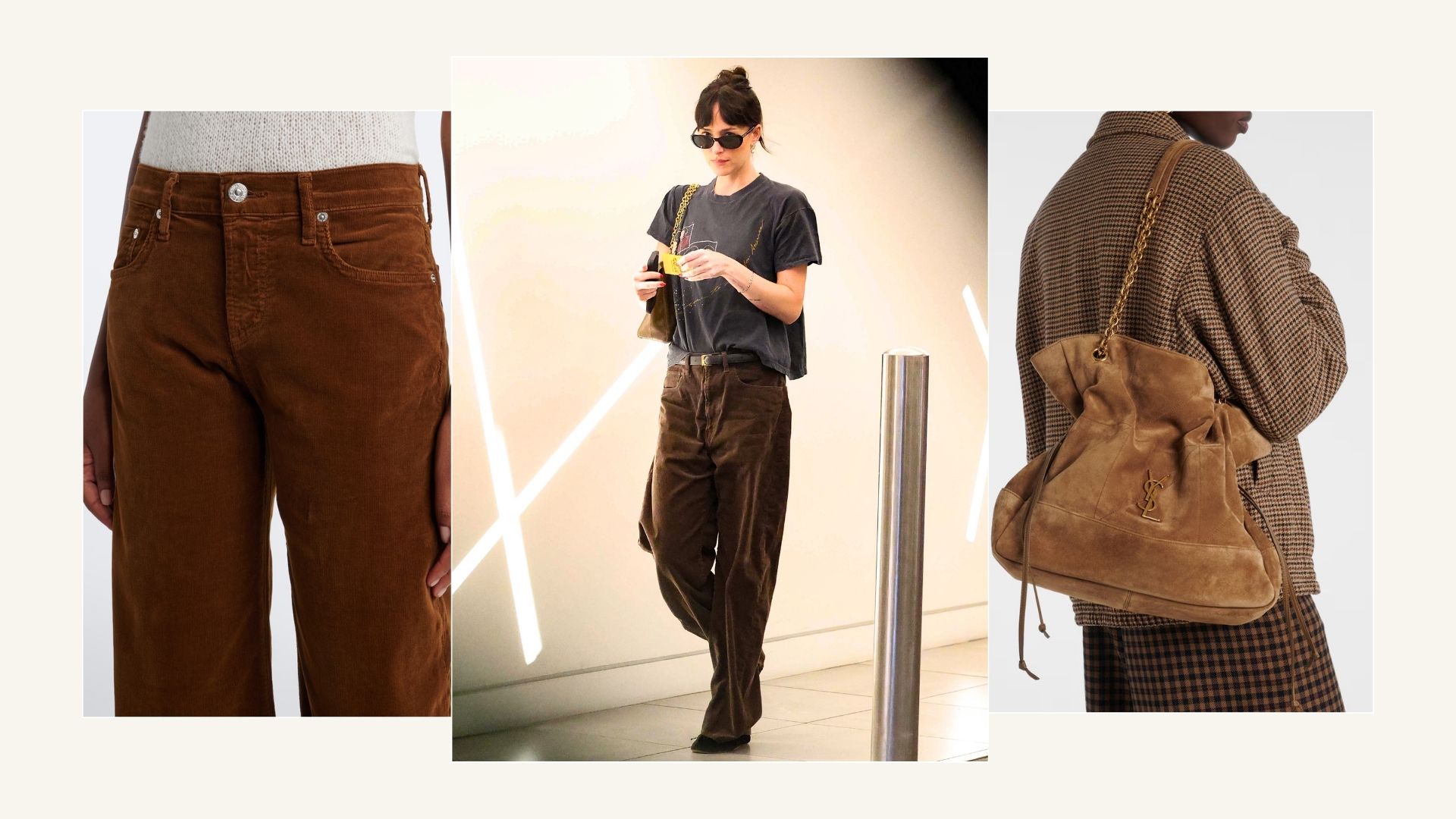 Dakota Johnson wears brown cords