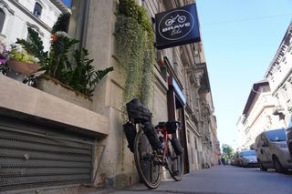 Image shows Anna's Fara All-Road outside the Brave Bike shop in Budapest, Hungary