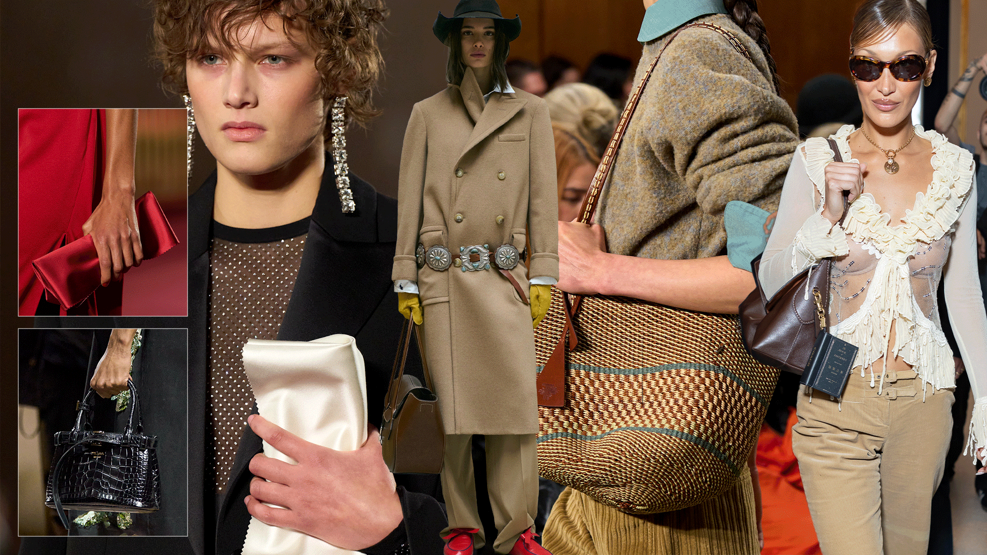 a collage of runway and influencer and celebrity imagery featuring the It bags of fall 2026