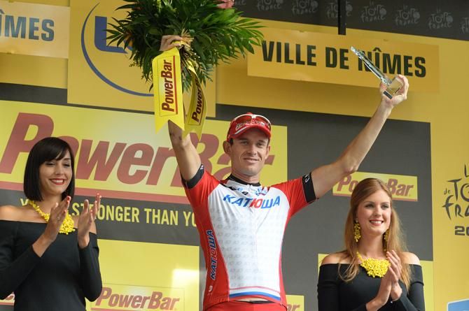 Alexander Kristoff (Katusha) on the podium after winning his second Tour de France stage