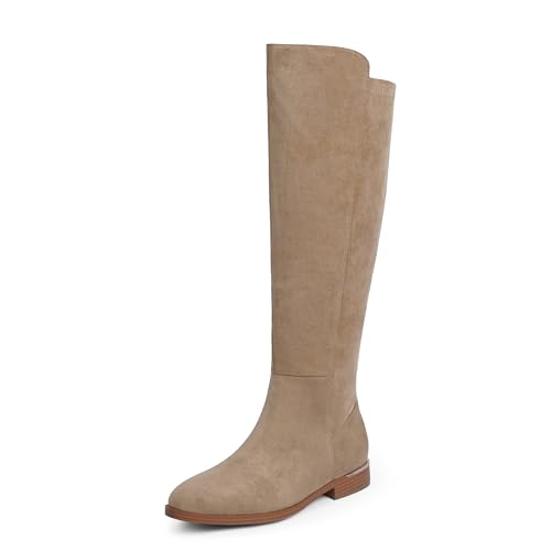 Modatope Tan Suede Boots Women Rounded Toe Flat Knee High Boots Low Block Chunky Heel Elastic Fall Winter Boot Fashion Riding Boot Women With Side Zipper Size 11