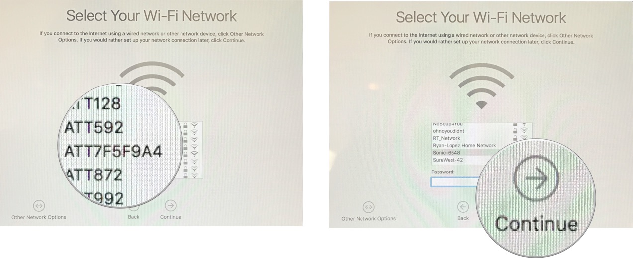 Set up your new Mac by showing: Select a Wi-FI, enter a password, then click Continue