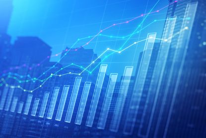 blue stock market chart with neon green, yellow and pink moving averages