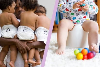 Babies in nappies held by dad and split layout with baby sat on potty